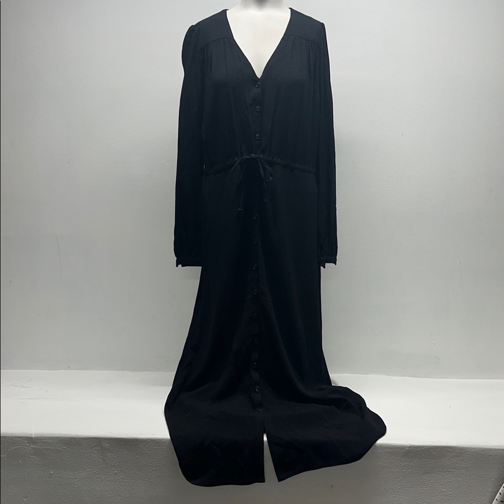 Emerson Frye Shirtdress Long Sleeve Maxi Dress Button Down Tie Black Size Small